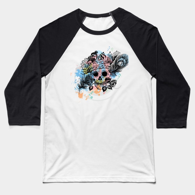 Skull with rose and peacock feathers Baseball T-Shirt by La Moda Tee
